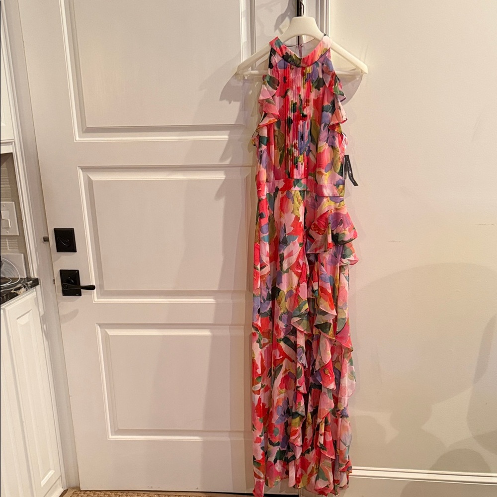 Betsy & Adam Pink Multicolor Floral Ruffle Halter Dress